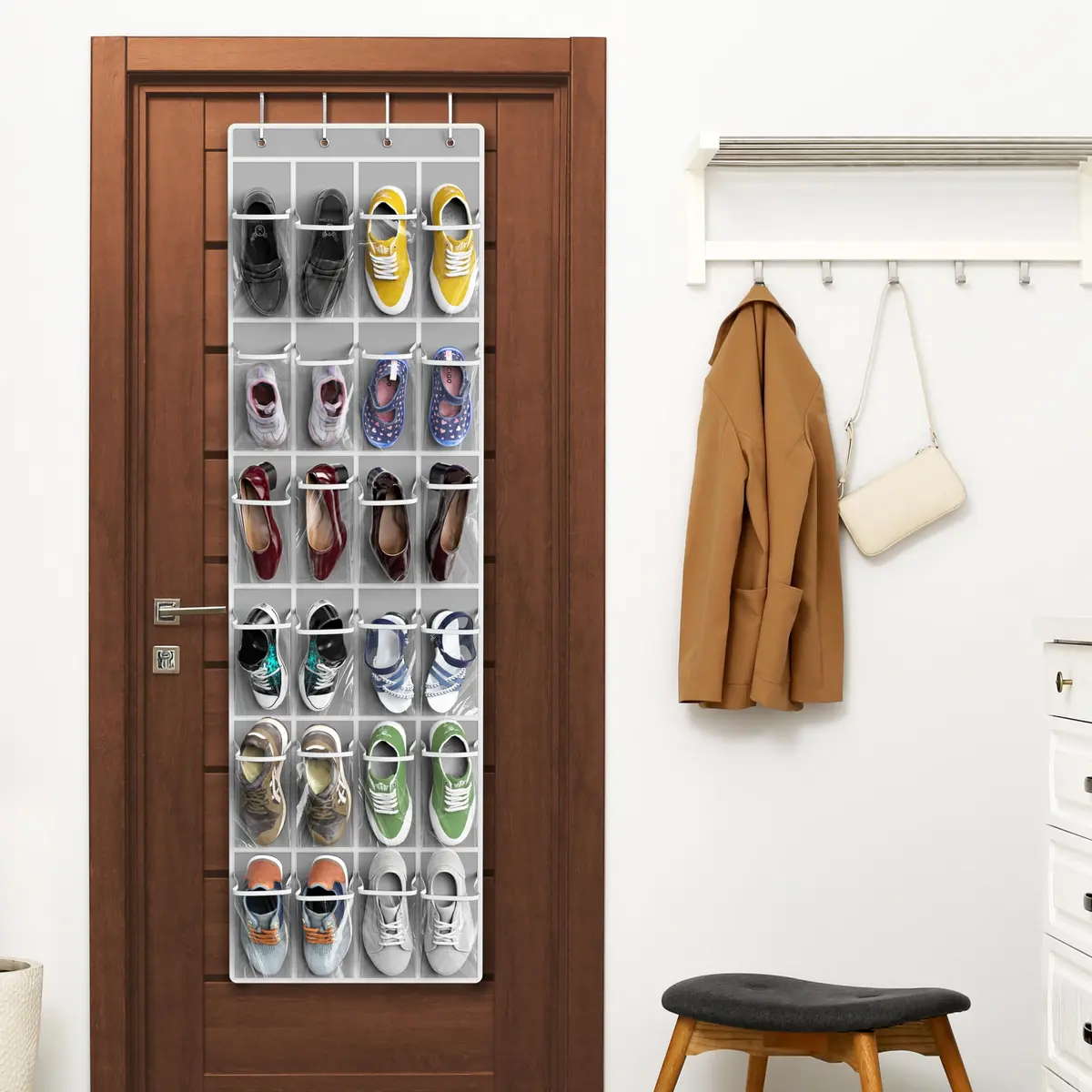 Simple Houseware 24 Pockets Clear Over the Door Shoe Organizer, Gray | 19" W x 64" H, 24 Clear Pockets, Holds 40 lbs - view 6