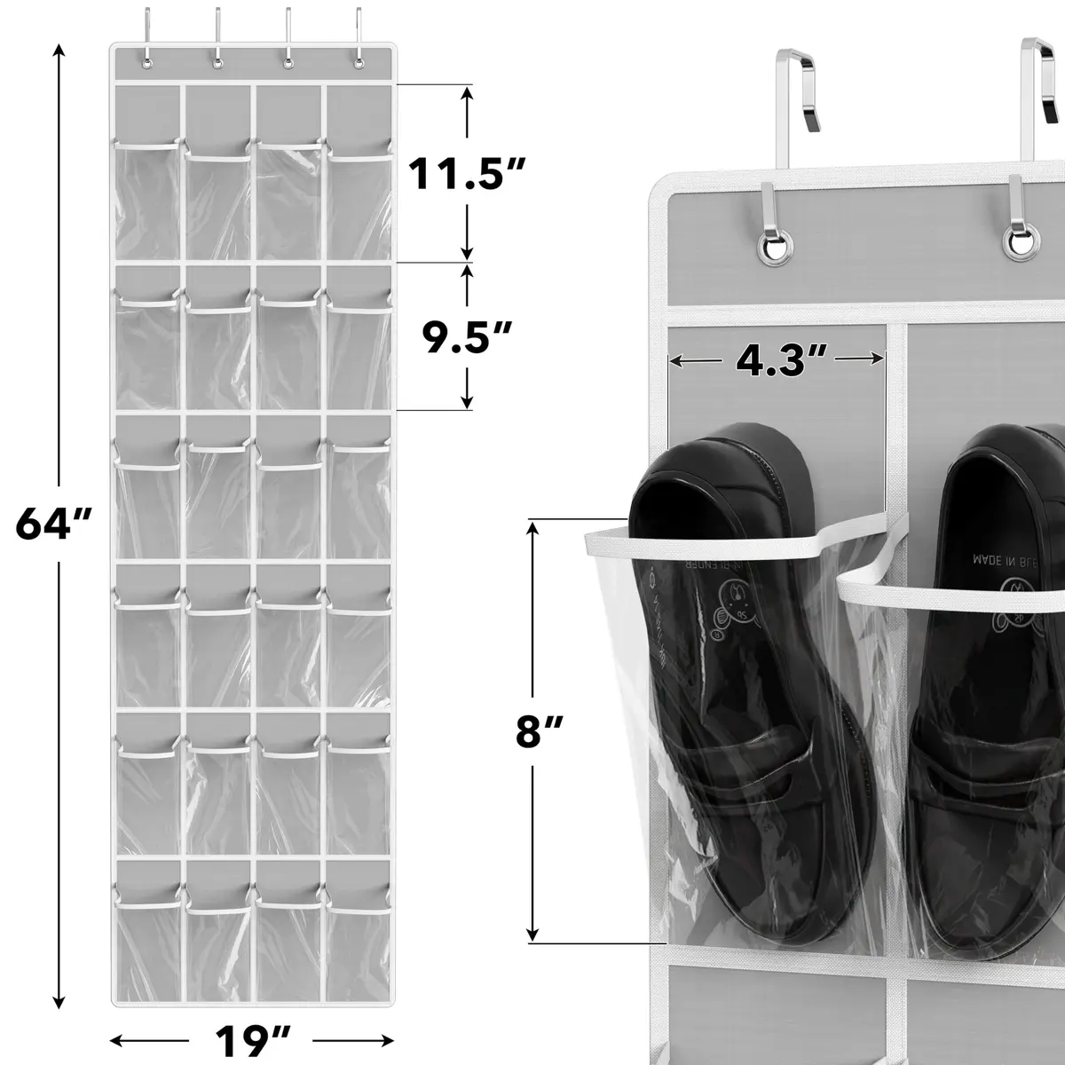 Simple Houseware 24 Pockets Clear Over the Door Shoe Organizer, Gray | 19" W x 64" H, 24 Clear Pockets, Holds 40 lbs - view 2