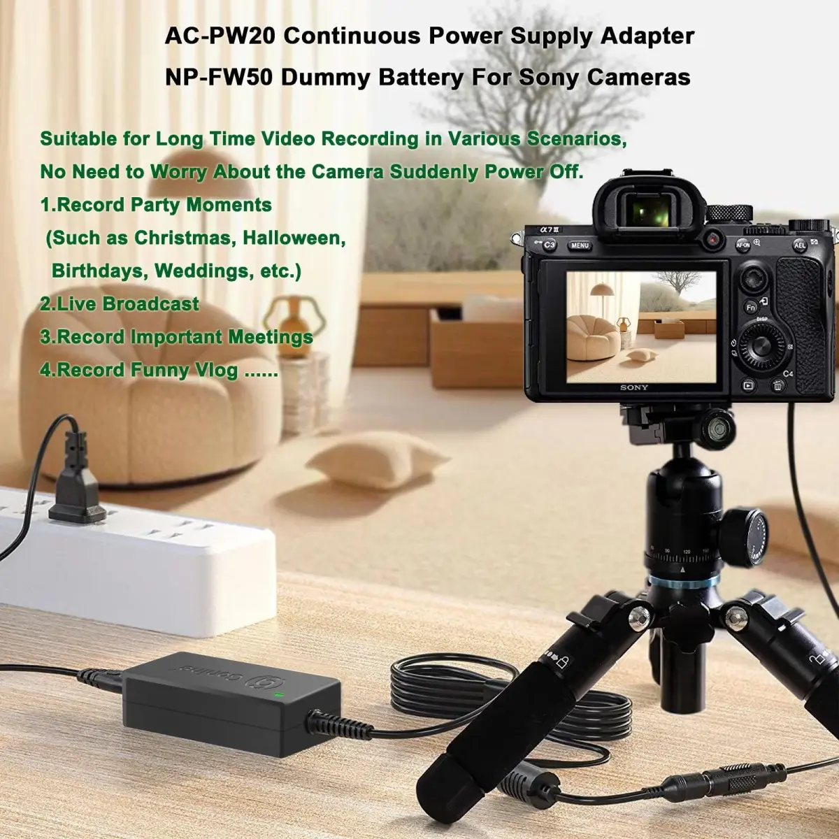 Gonin NP-FW50 Dummy Battery & AC-PW20 Adapter Kit for Sony ZV-E10 Cameras | Continuous Power Supply - view 6