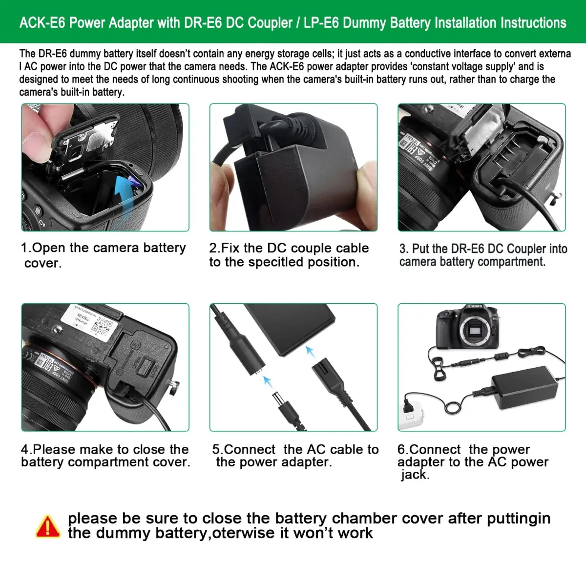 Gonine ACK-E6 AC Power Adapter with LP-E6 Dummy Battery for Canon Cameras | Continuous Power for Studio & Live Streaming - view 4