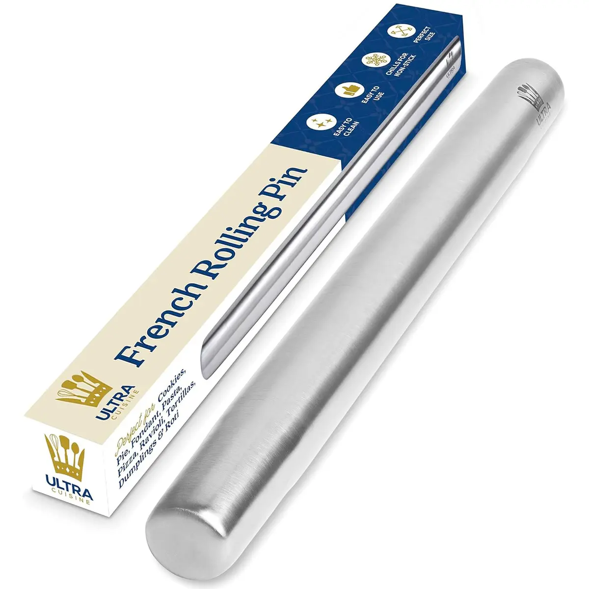 Ultra Cuisine French Rolling Pin for Baking –15.75-inch Large Roller Pin | Tapered Stainless Steel Control - main product image
