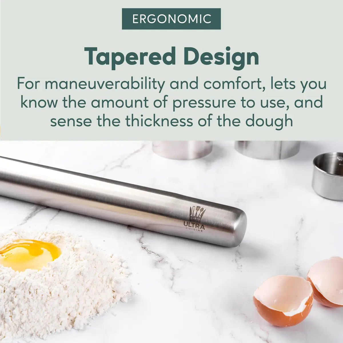 Ultra Cuisine French Rolling Pin for Baking –15.75-inch Large Roller Pin | Tapered Stainless Steel Control - view 6