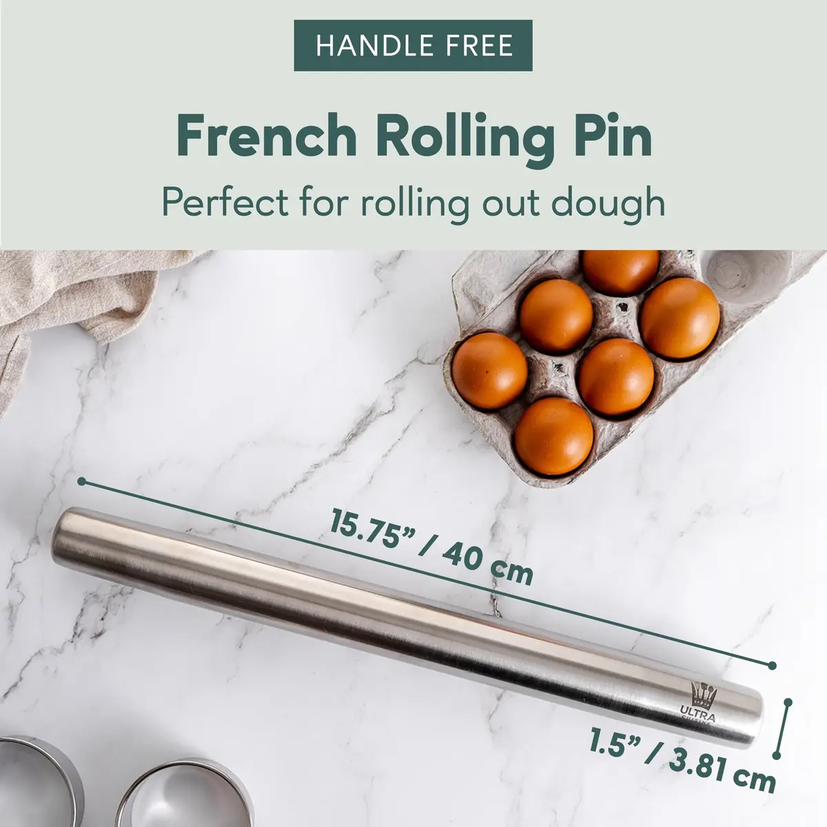 Ultra Cuisine French Rolling Pin for Baking –15.75-inch Large Roller Pin | Tapered Stainless Steel Control - view 3