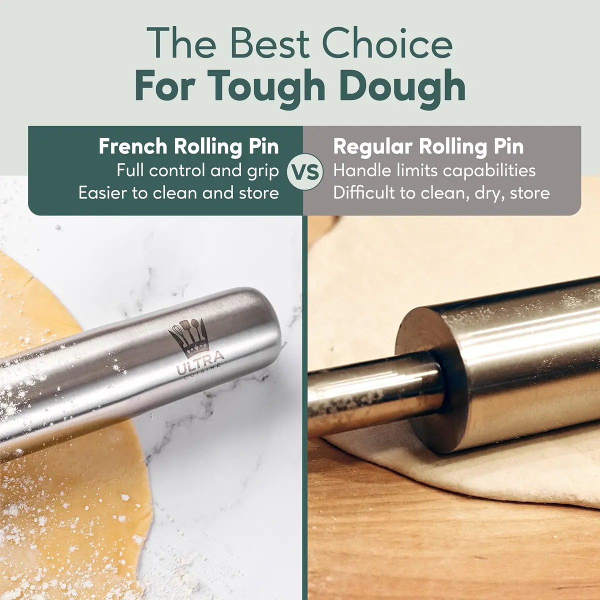 Ultra Cuisine French Rolling Pin for Baking –15.75-inch Large Roller Pin | Tapered Stainless Steel Control - view 4