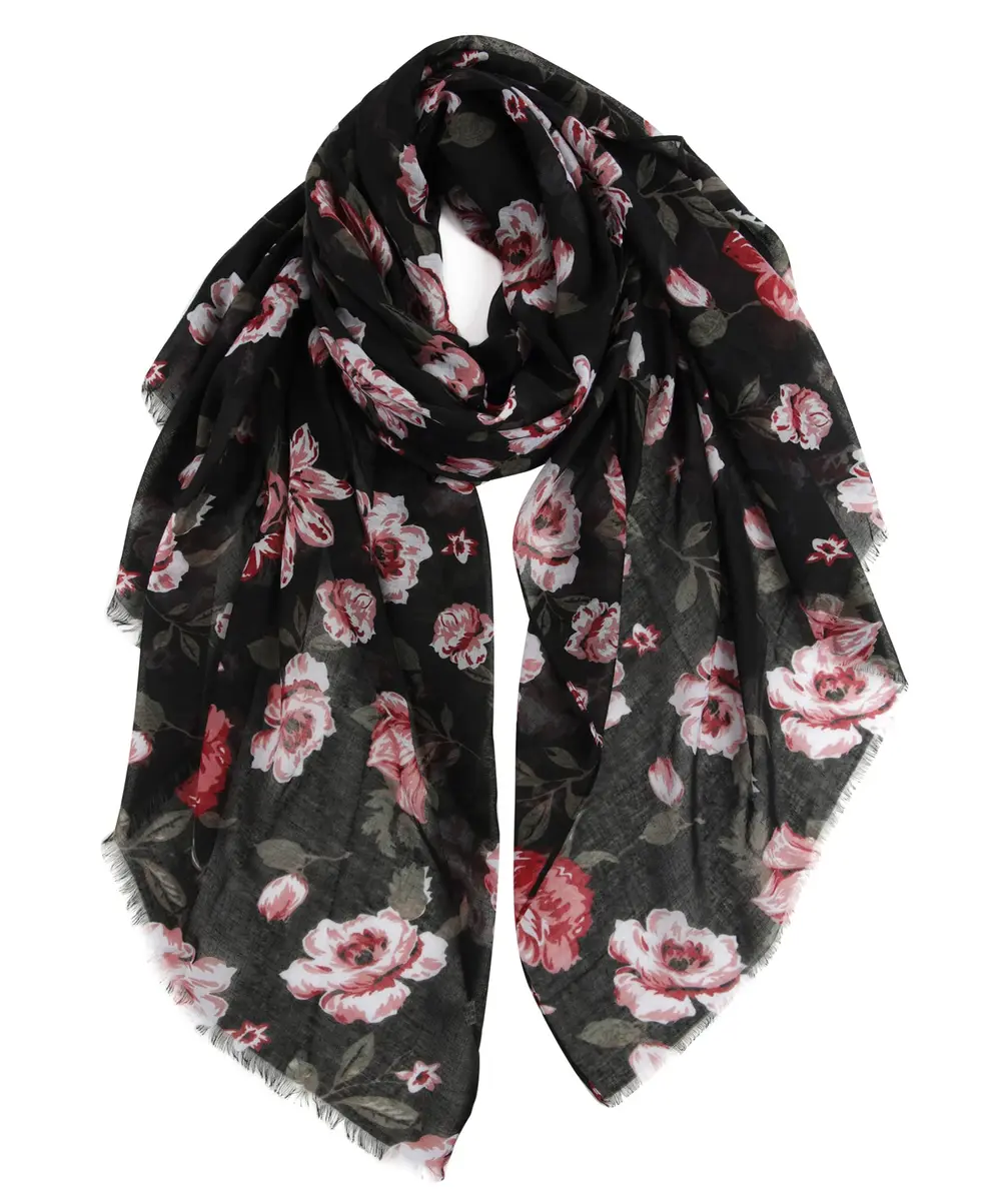GERINLY Floral Rose Scarf Pink and Black | Lightweight Feminine Floral Shawl (180CMx90CM) - main product image