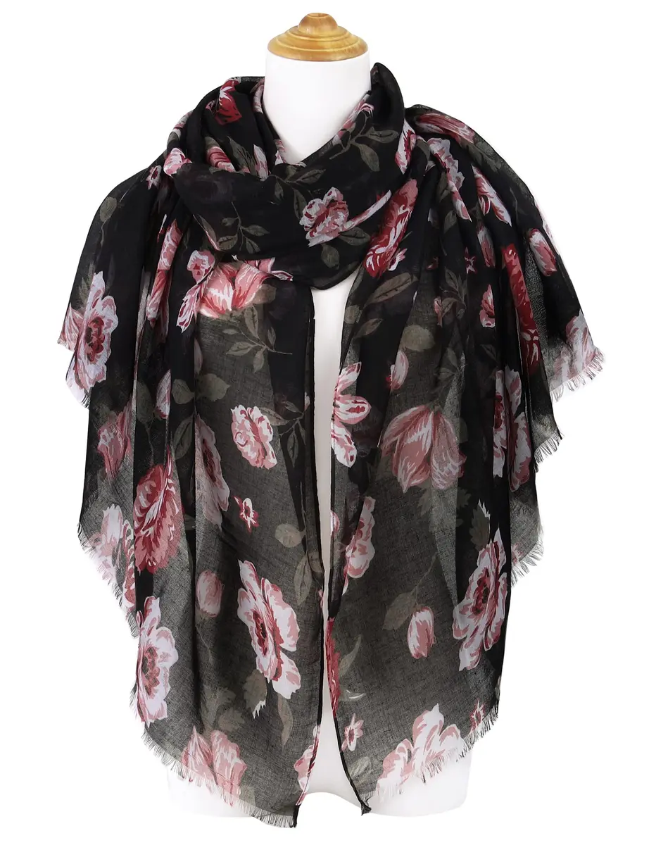 GERINLY Floral Rose Scarf Pink and Black | Lightweight Feminine Floral Shawl (180CMx90CM) - view 2