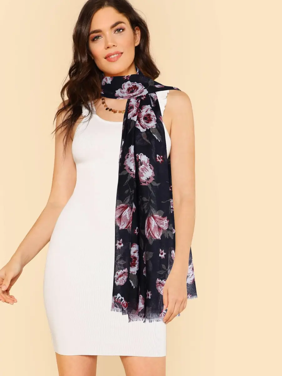 GERINLY Floral Rose Scarf Pink and Black | Lightweight Feminine Floral Shawl (180CMx90CM) - view 3