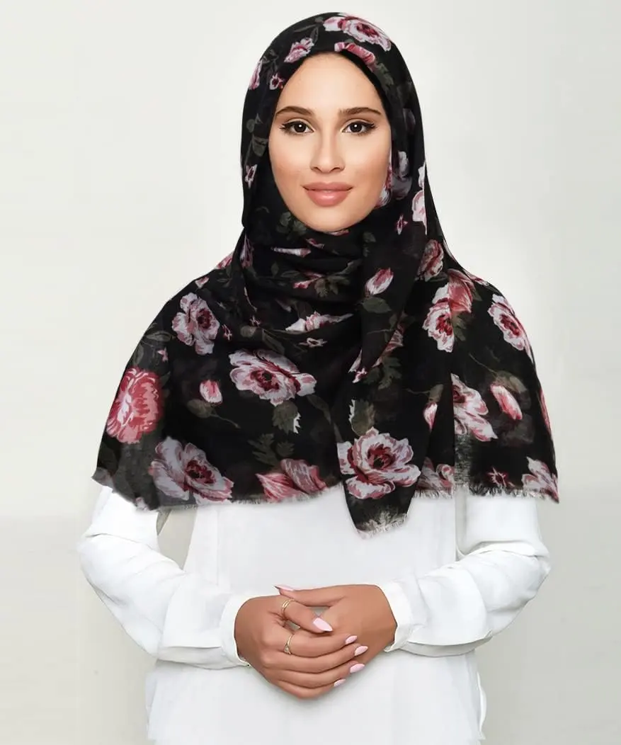 GERINLY Floral Rose Scarf Pink and Black | Lightweight Feminine Floral Shawl (180CMx90CM) - view 4