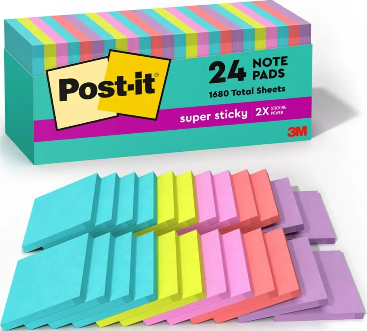 Post-it Super Sticky Notes, 3 x 3 in, Supernova Neons, 24 Pads | 2x Sticking Power - main product image