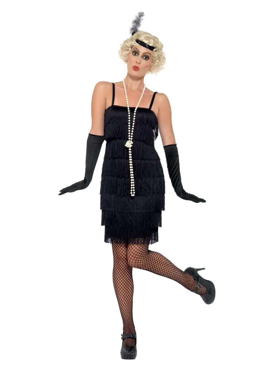 Smiffys Flapper Costume, Black with Short Dress, Headband & Gloves | 1920s Razzle Fancy Dress for Adults - main product image