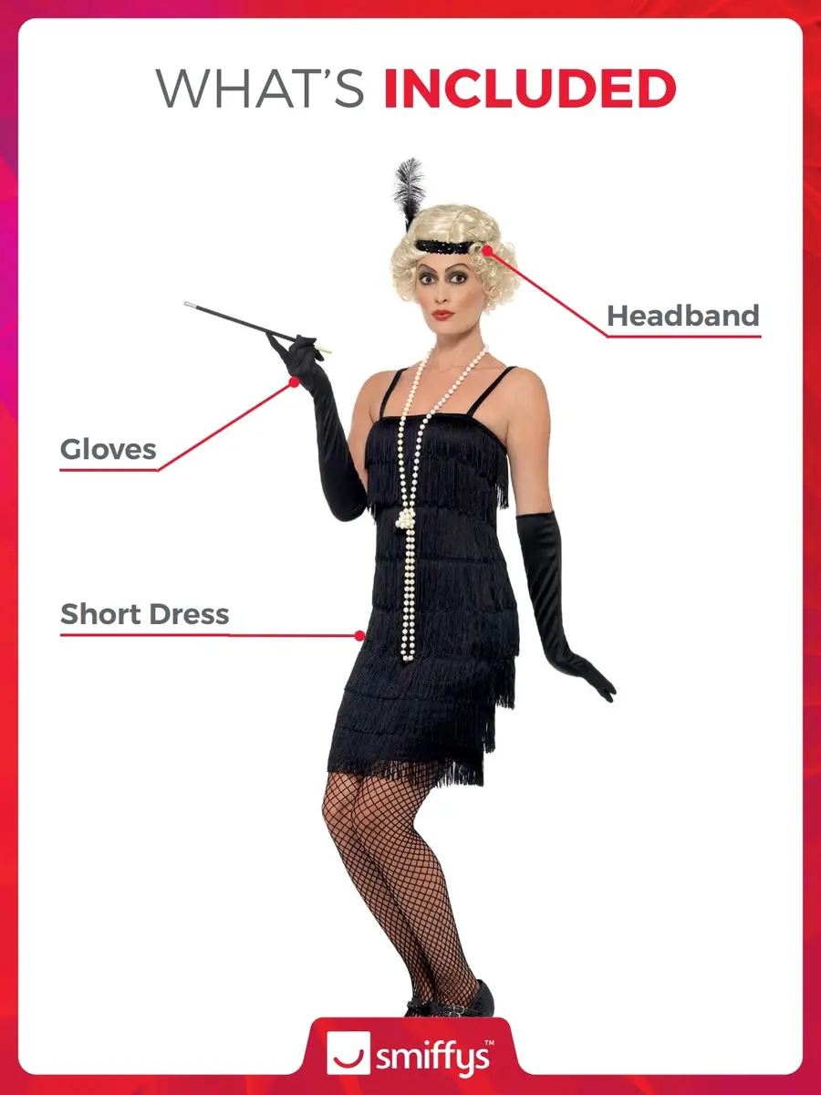 Smiffys Flapper Costume, Black with Short Dress, Headband & Gloves | 1920s Razzle Fancy Dress for Adults - view 2
