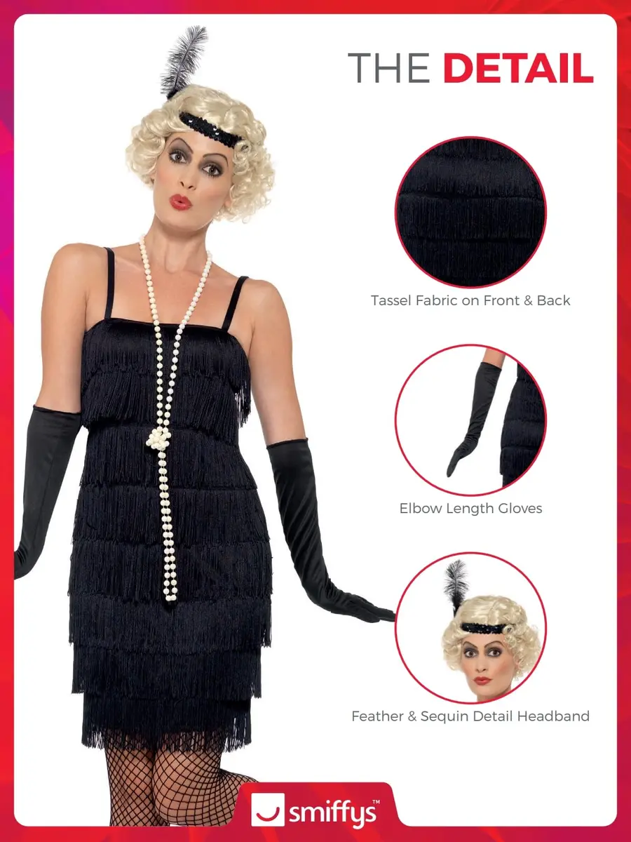 Smiffys Flapper Costume, Black with Short Dress, Headband & Gloves | 1920s Razzle Fancy Dress for Adults - view 3