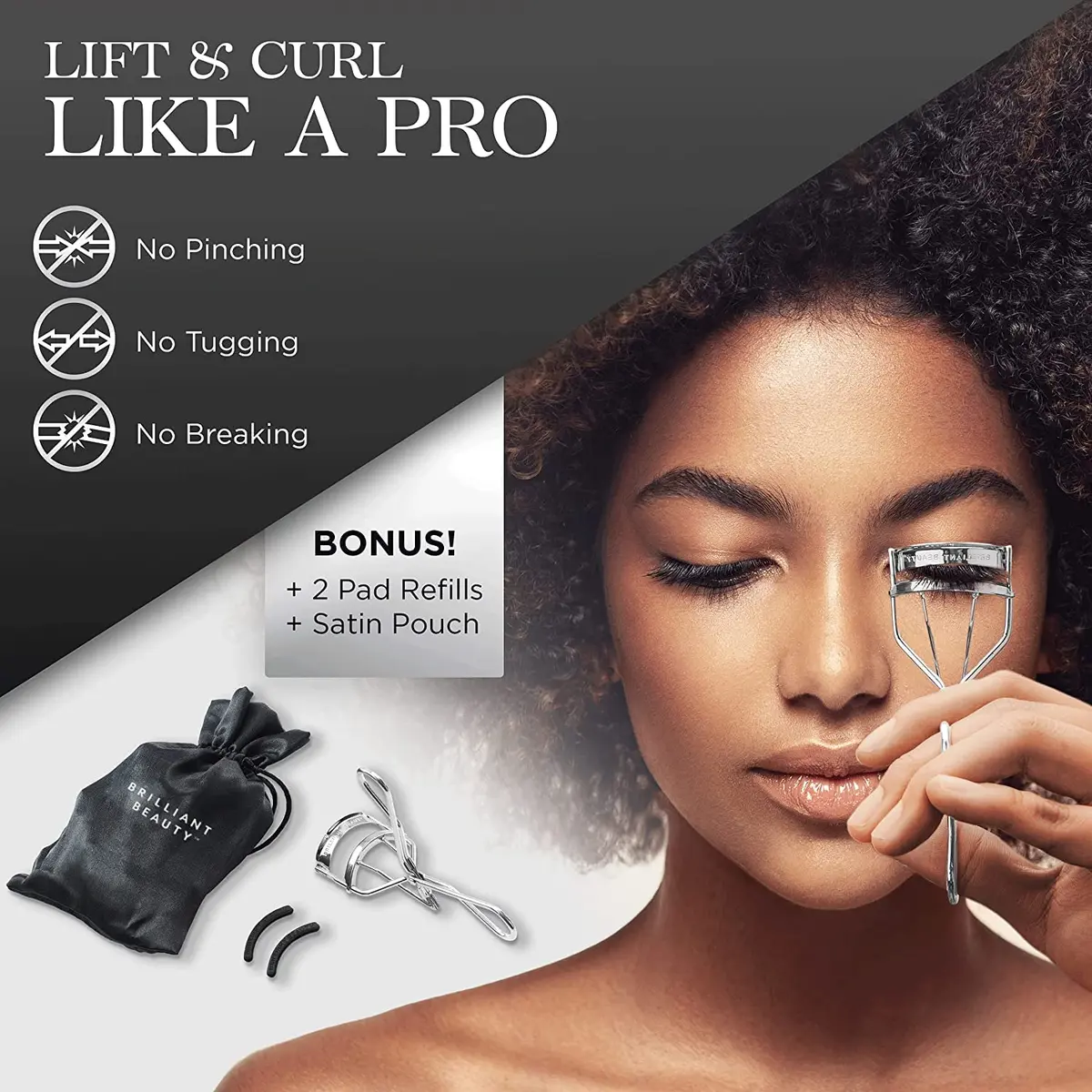 Brilliant Beauty Eyelash Curler with Satin Bag and Refill Pads | No Pinching, Dramatic Curl in Seconds - view 2