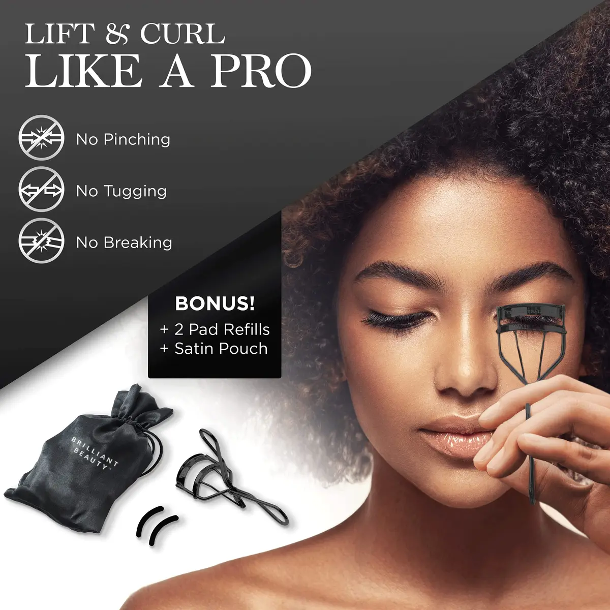 Brilliant Beauty Eyelash Curler - Stainless Steel, Satin Bag, 2 Refill Pads | Precise, Gentle, Reusable - view 2
