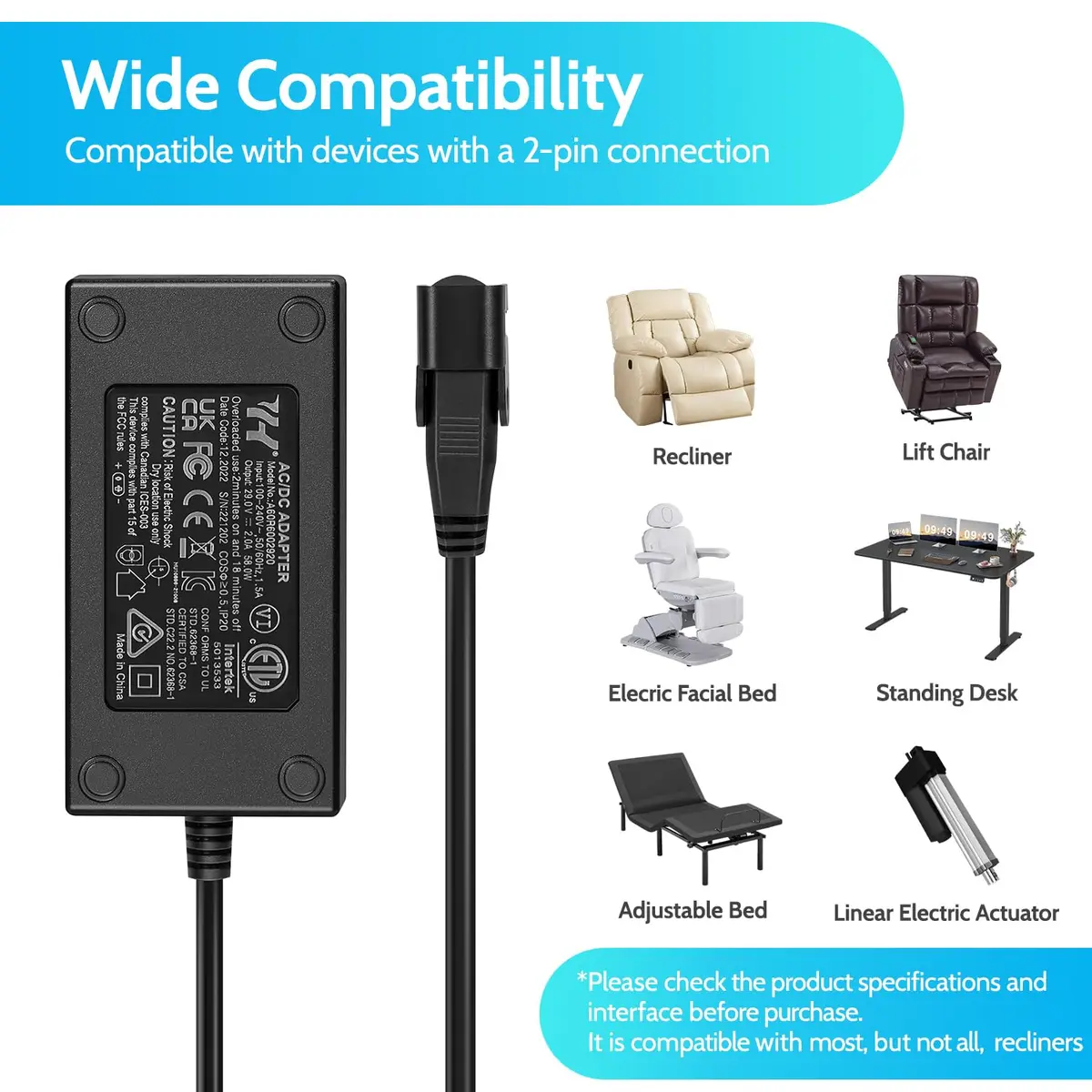 Sopito Power Recliner Power Supply 29V 58W | Universal 2-Pin AC/DC Adapter for Recliner Chairs - view 2