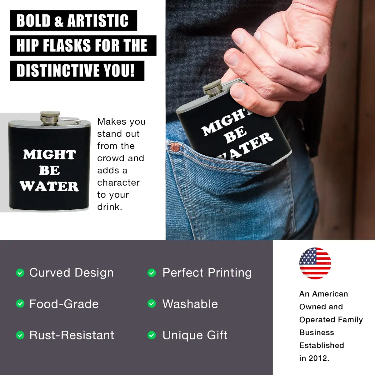 Funny Guy Mugs Might Be Water Stainless Steel 7oz Hip Flask | Unique Gift & Conversation Starter - view 2