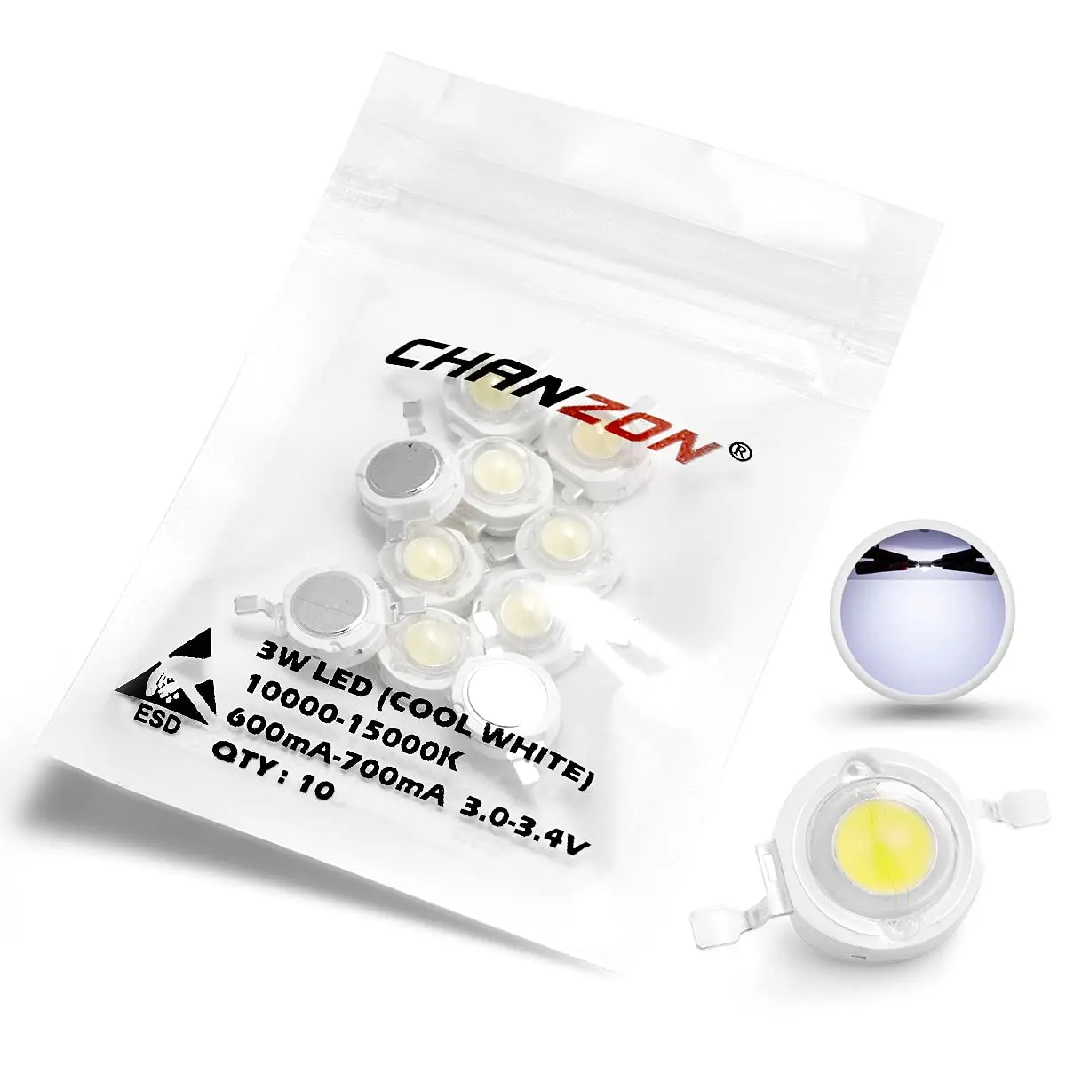 CHANZON 10 pcs High Power LED Chip 3W Cool White 10000K - 15000K | 260-280LM, 120-140° Angle, Copper Frame - main product image
