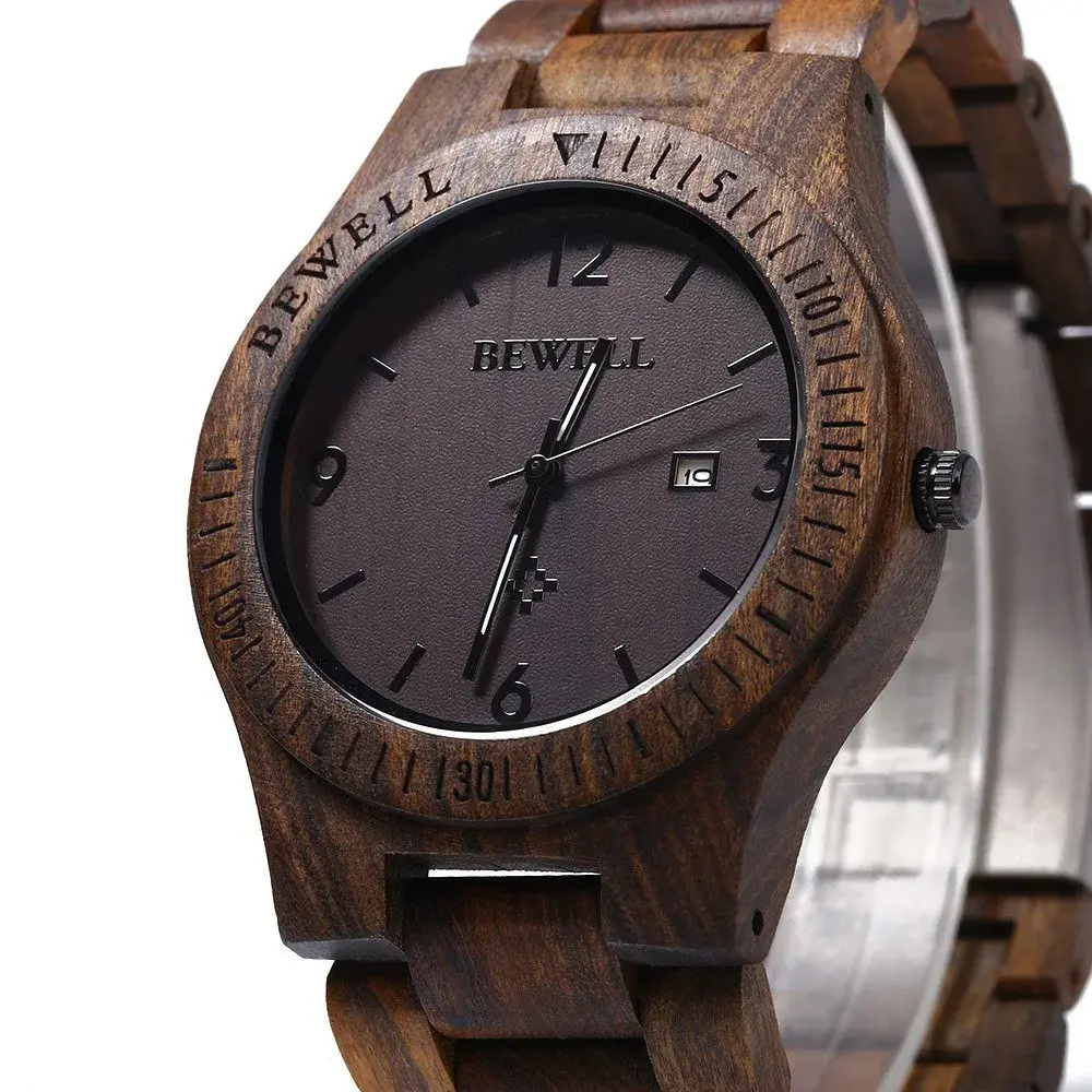 BEWELL ZS-W086B Men's Wooden Watch 4.2cm (1.65 inches) | Lightweight Analog Quartz Movement with Date - view 2