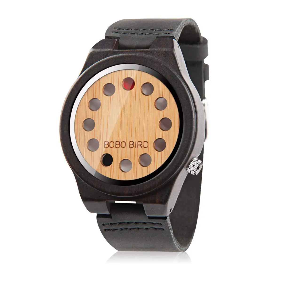 BOBO BIRD Men's Bamboo Wooden Watch with Black Leather Strap & Quartz Movement | 4.3 cm (1.77") Case - main product image