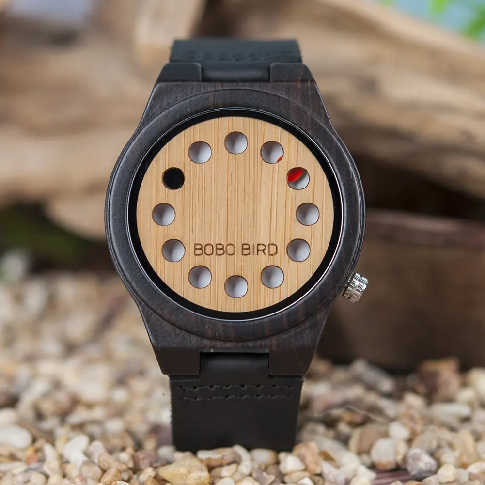 BOBO BIRD Men's Bamboo Wooden Watch with Black Leather Strap & Quartz Movement | 4.3 cm (1.77") Case - view 5