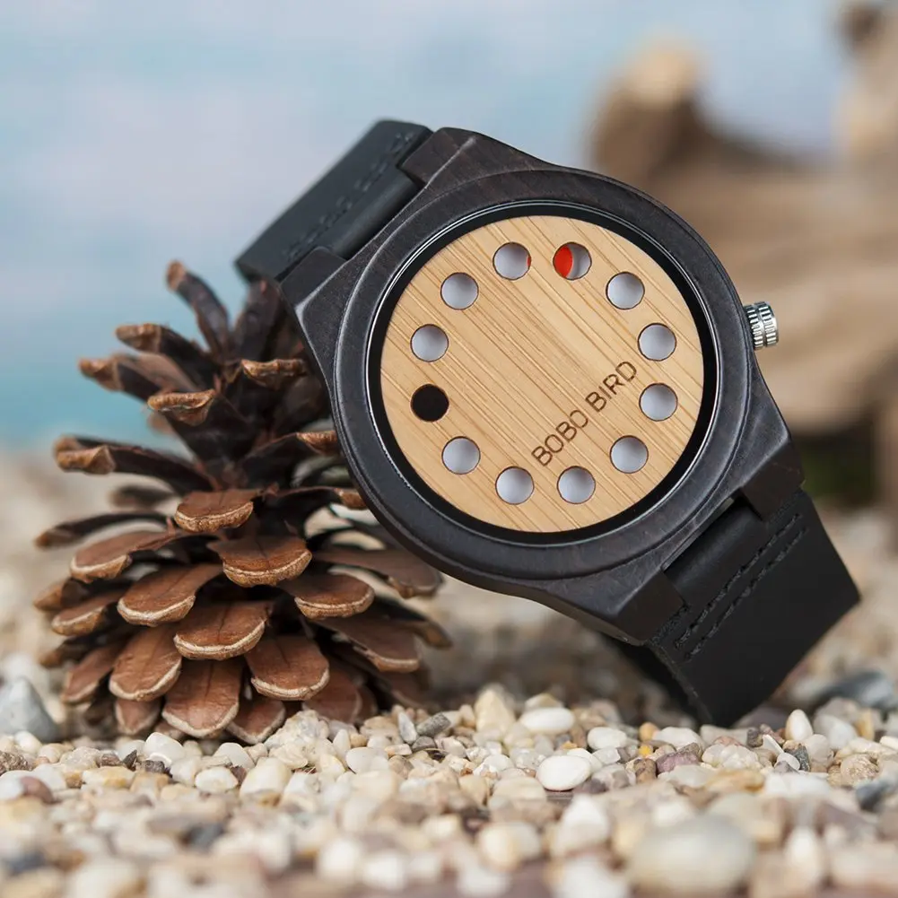 BOBO BIRD Men's Bamboo Wooden Watch with Black Leather Strap & Quartz Movement | 4.3 cm (1.77") Case - view 6