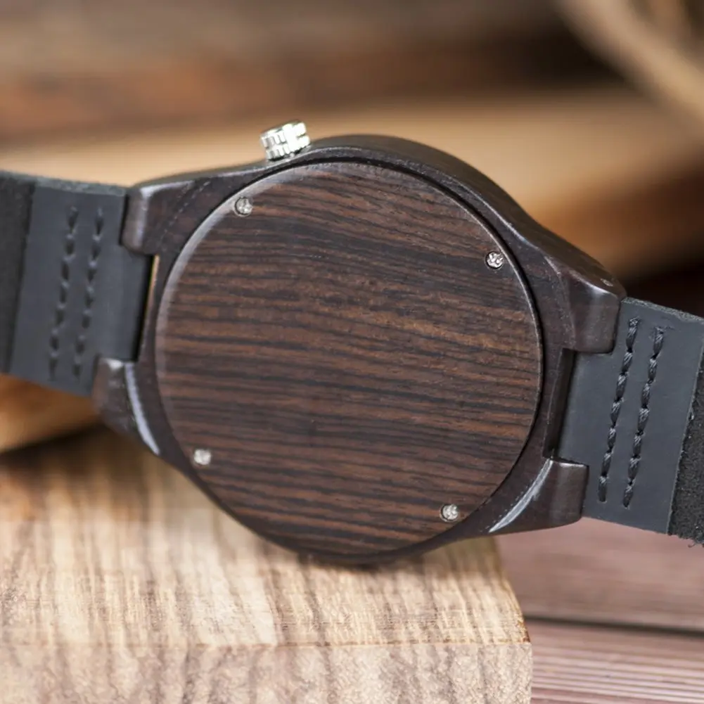 BOBO BIRD Men's Bamboo Wooden Watch with Black Leather Strap & Quartz Movement | 4.3 cm (1.77") Case - view 8