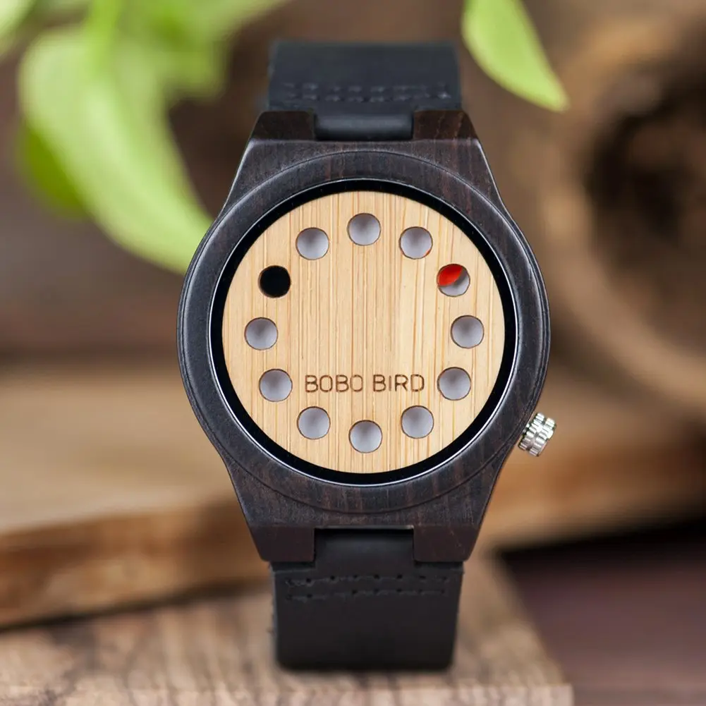 BOBO BIRD Men's Bamboo Wooden Watch with Black Leather Strap & Quartz Movement | 4.3 cm (1.77") Case - view 2
