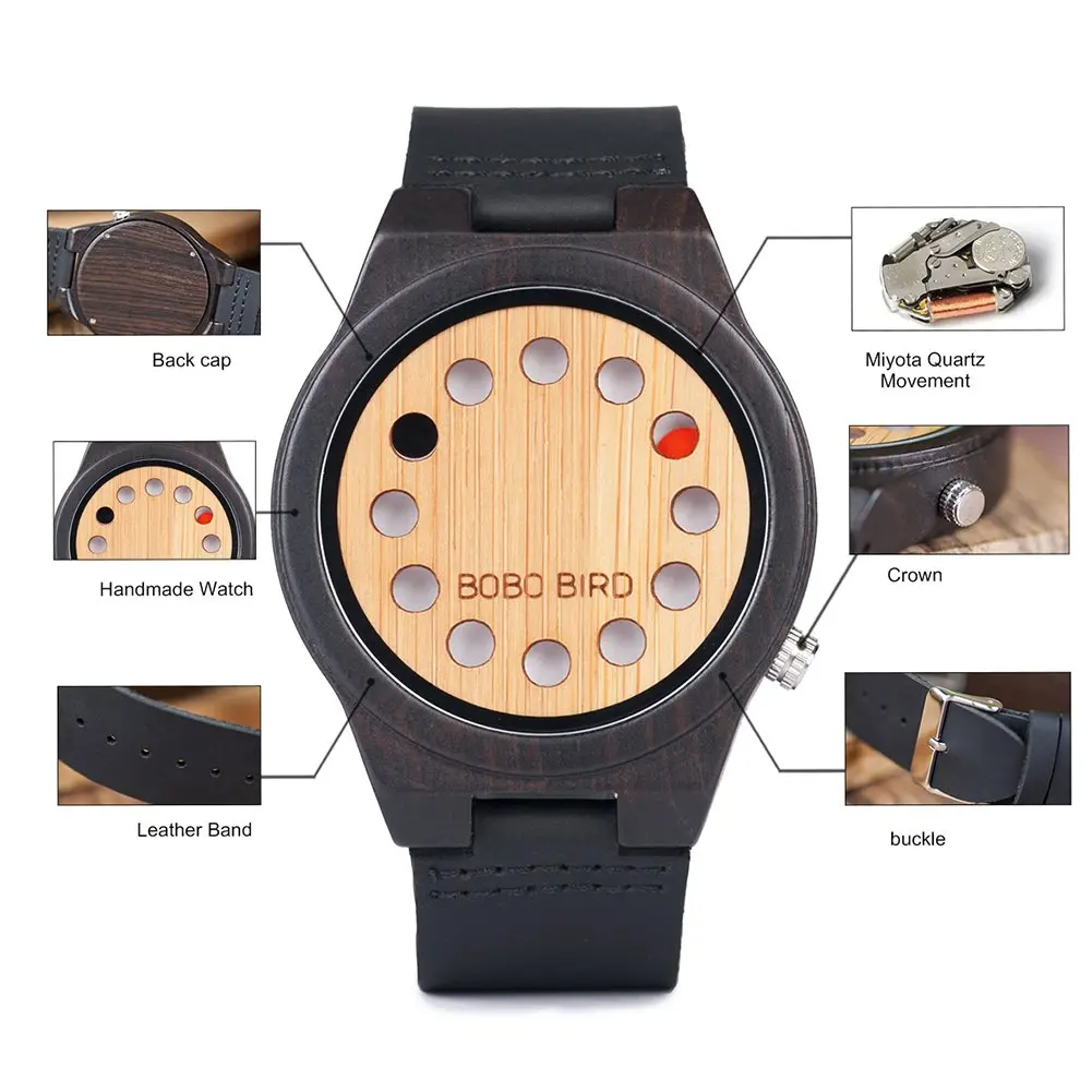 BOBO BIRD Men's Bamboo Wooden Watch with Black Leather Strap & Quartz Movement | 4.3 cm (1.77") Case - view 3