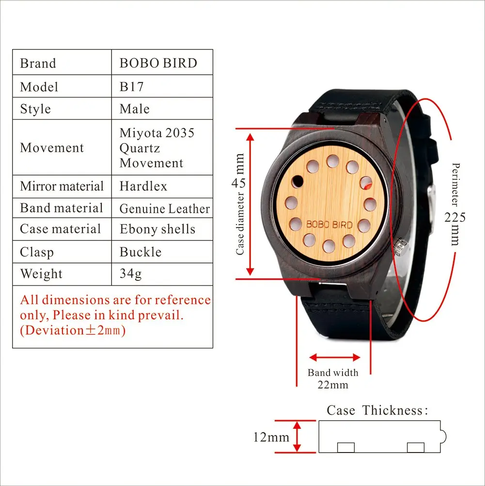 BOBO BIRD Men's Bamboo Wooden Watch with Black Leather Strap & Quartz Movement | 4.3 cm (1.77") Case - view 4