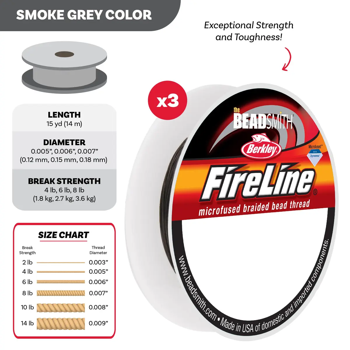 The Beadsmith Fireline Micro-Fused Braided Thread 3-Pack | High Tensile Strength, Assorted Sizes & Smoke Grey - view 4