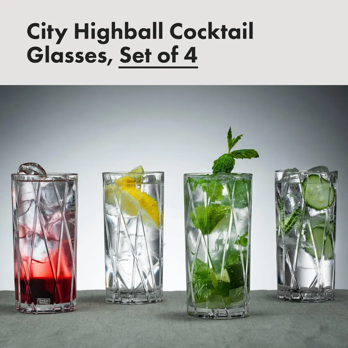 Orrefors City Highball Glass Set of 4 | 12 Fl Oz, Asymmetric Design, Crystal Glassware for Cocktails & Water - view 2