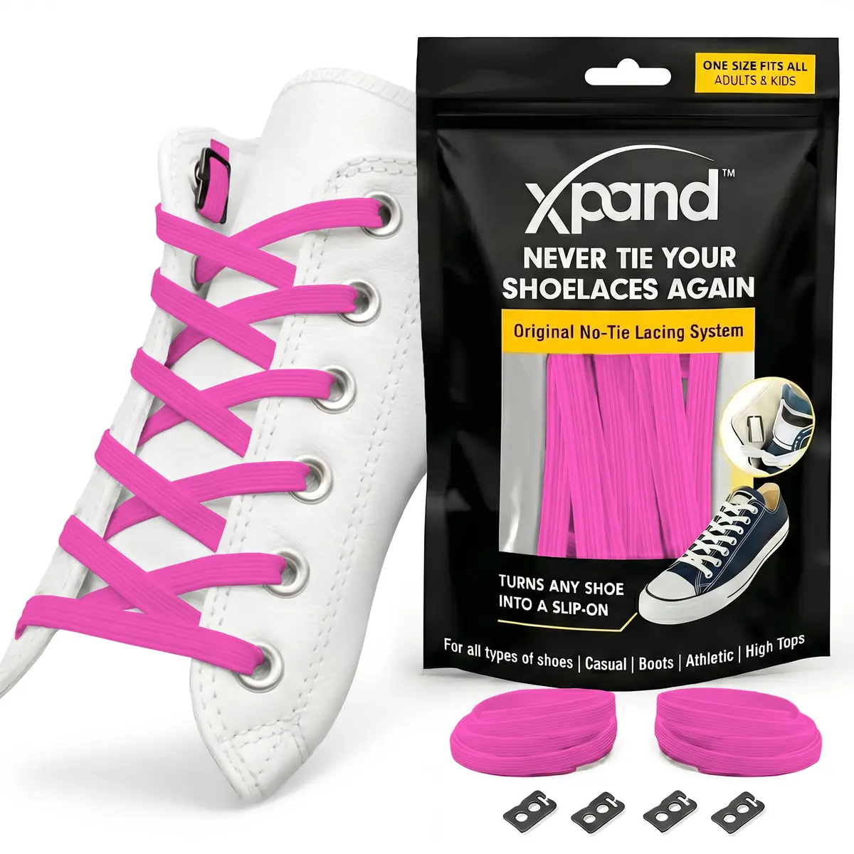 Xpand Neon Pink No Tie Elastic Shoe Laces | 132cm (52") Stretch Laces with Lace Anchors & End Clips - main product image