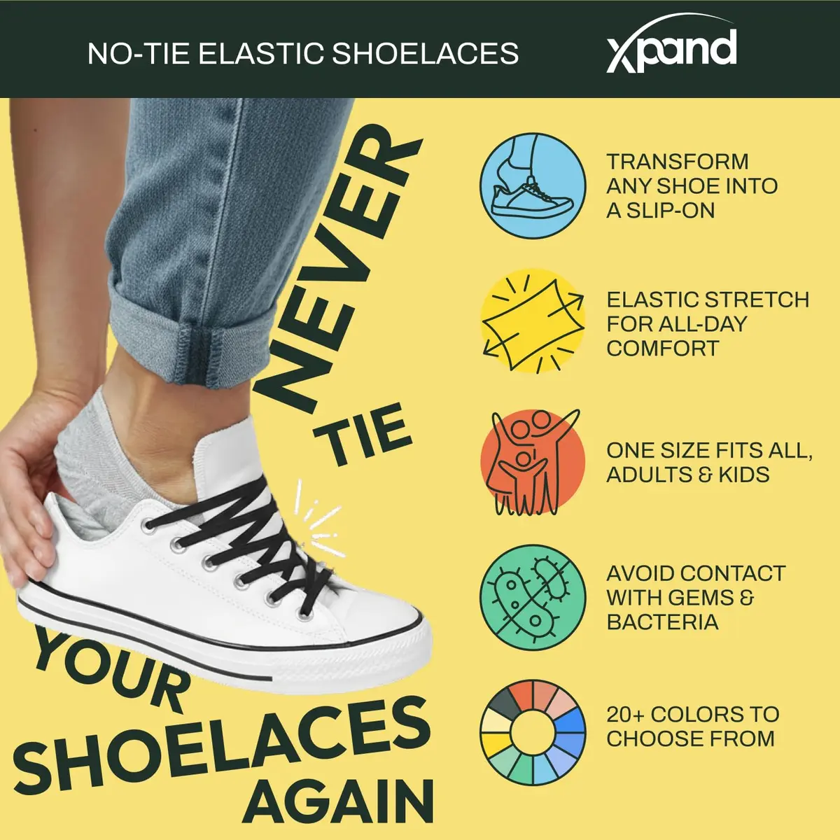 Xpand Neon Pink No Tie Elastic Shoe Laces | 132cm (52") Stretch Laces with Lace Anchors & End Clips - view 2