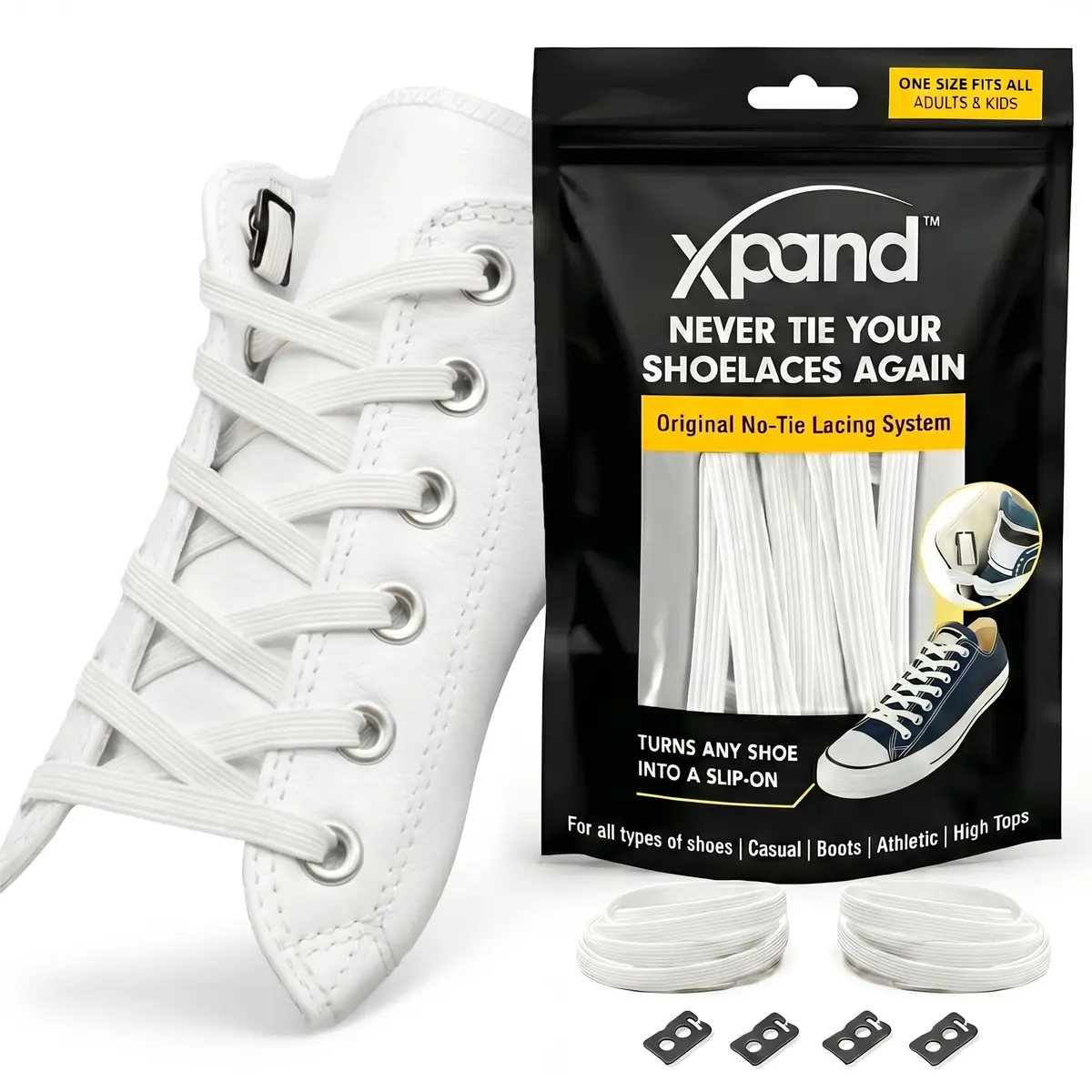 Xpand No Tie Elastic Shoe Laces for Sneakers - White | 1 Pair (2 Laces, 52" Stretches to 100") - main product image