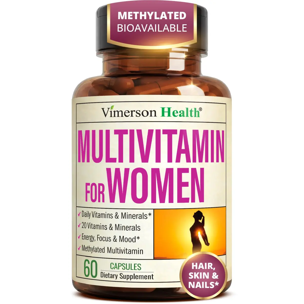 Vimerson Health Women's Multivitamin 60 Capsules | Methylated B Vitamins, Chelated Minerals, Bioavailable D3 for Focus & Energy - main product image