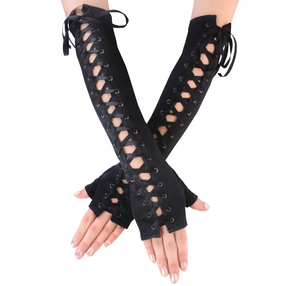 JISEN Womens Full Length Fingerless Lace Up Arm Warmer Satin Gloves Black | Chic & Edgy Punkie Goth Style - main product image