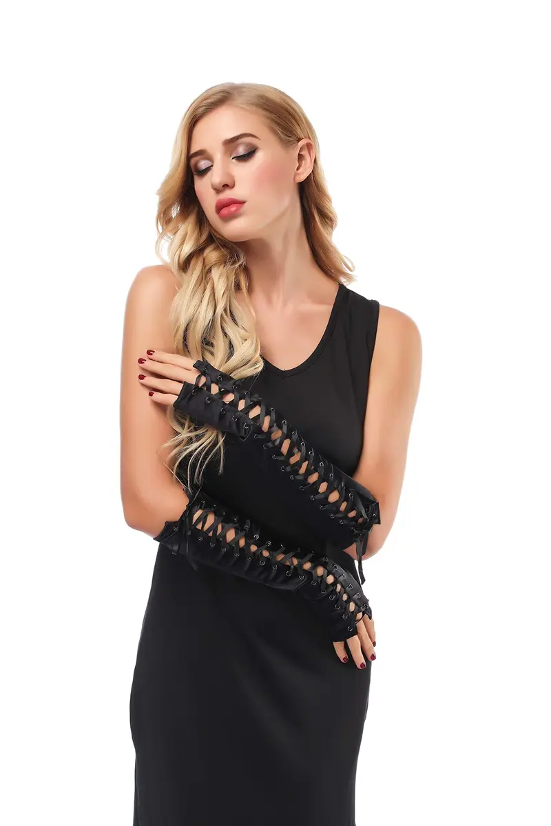 JISEN Womens Full Length Fingerless Lace Up Arm Warmer Satin Gloves Black | Chic & Edgy Punkie Goth Style - view 5