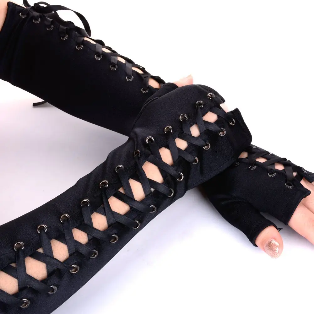JISEN Womens Full Length Fingerless Lace Up Arm Warmer Satin Gloves Black | Chic & Edgy Punkie Goth Style - view 2