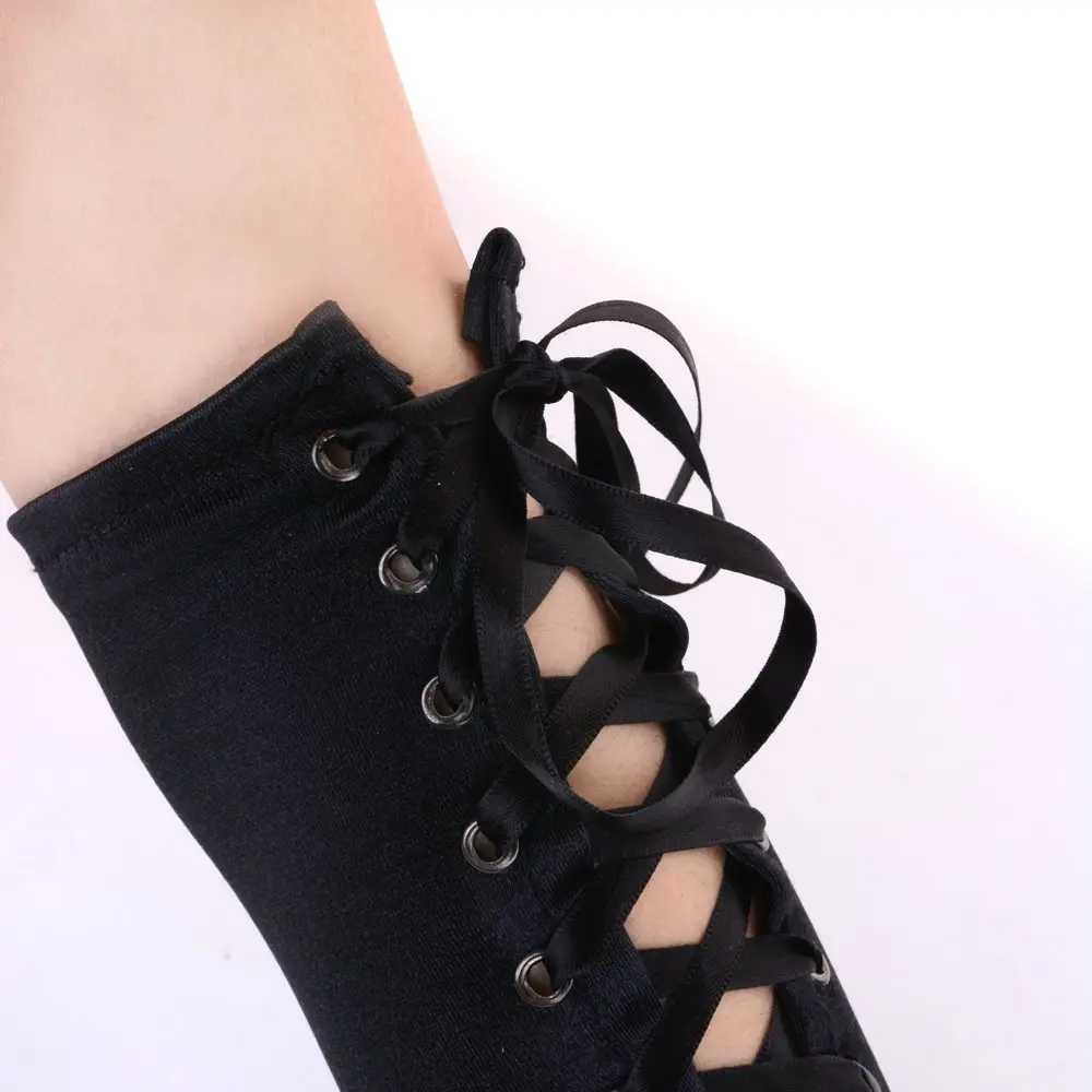 JISEN Womens Full Length Fingerless Lace Up Arm Warmer Satin Gloves Black | Chic & Edgy Punkie Goth Style - view 3