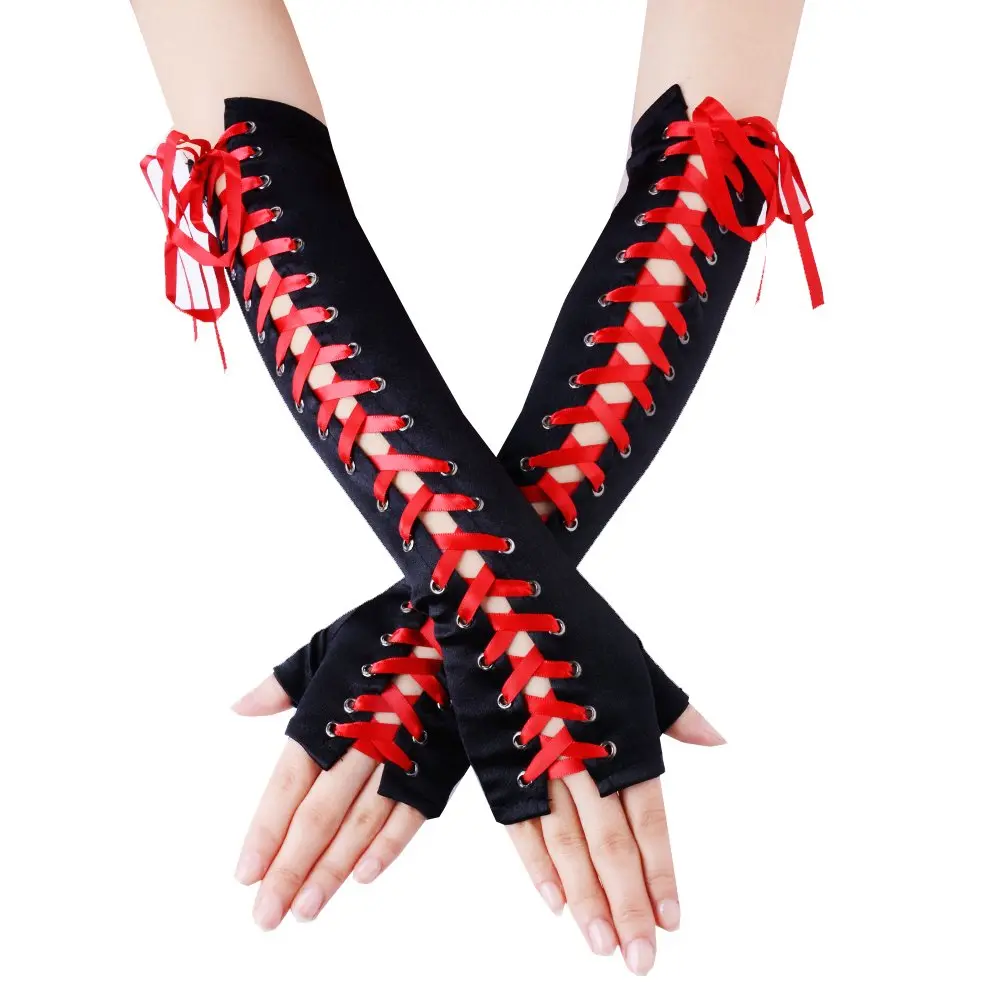 JISEN Womens Full Length Fingerless Lace Up Arm Warmer Satin Gloves Red | Chic Punkie Goth Style - main product image