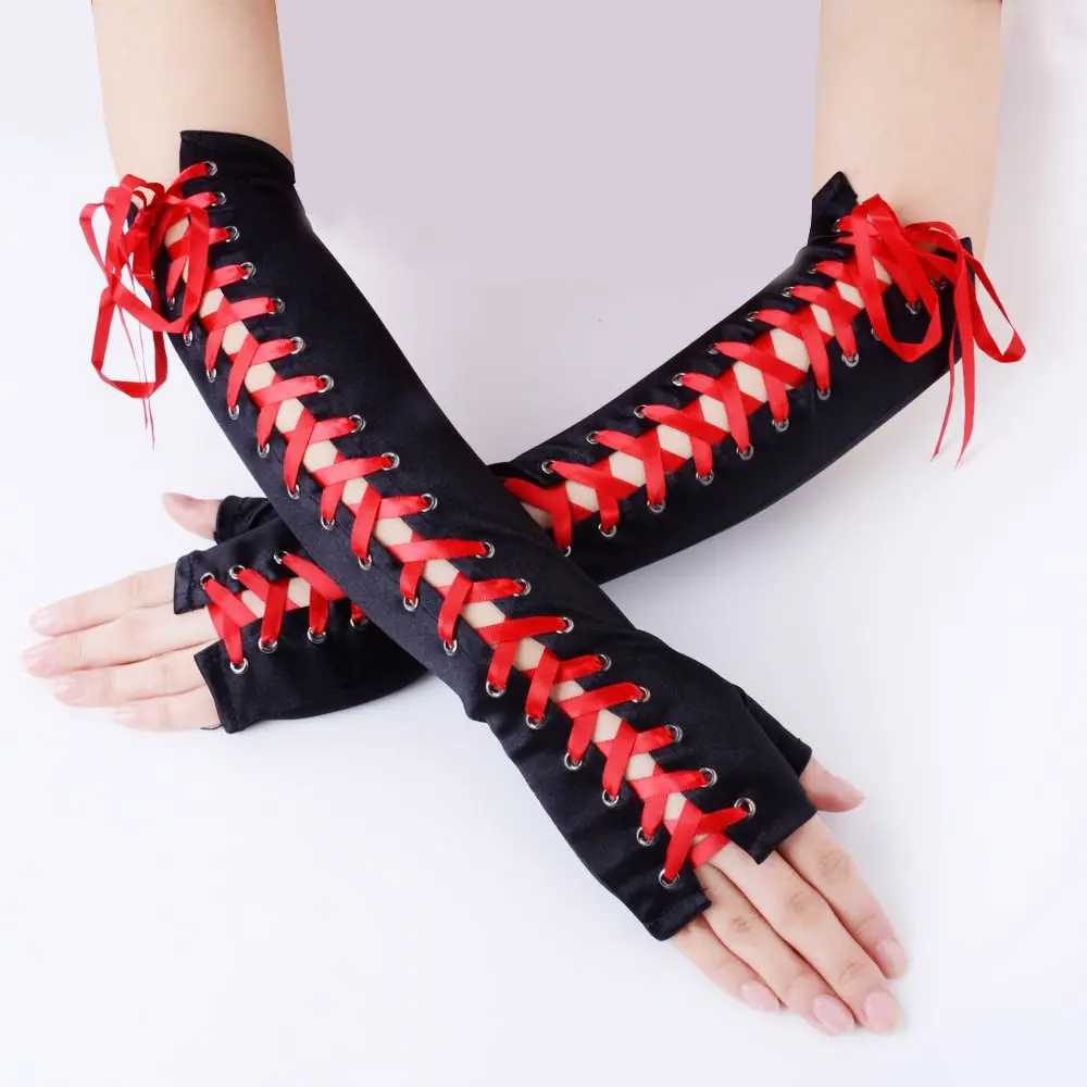 JISEN Womens Full Length Fingerless Lace Up Arm Warmer Satin Gloves Red | Chic Punkie Goth Style - view 2