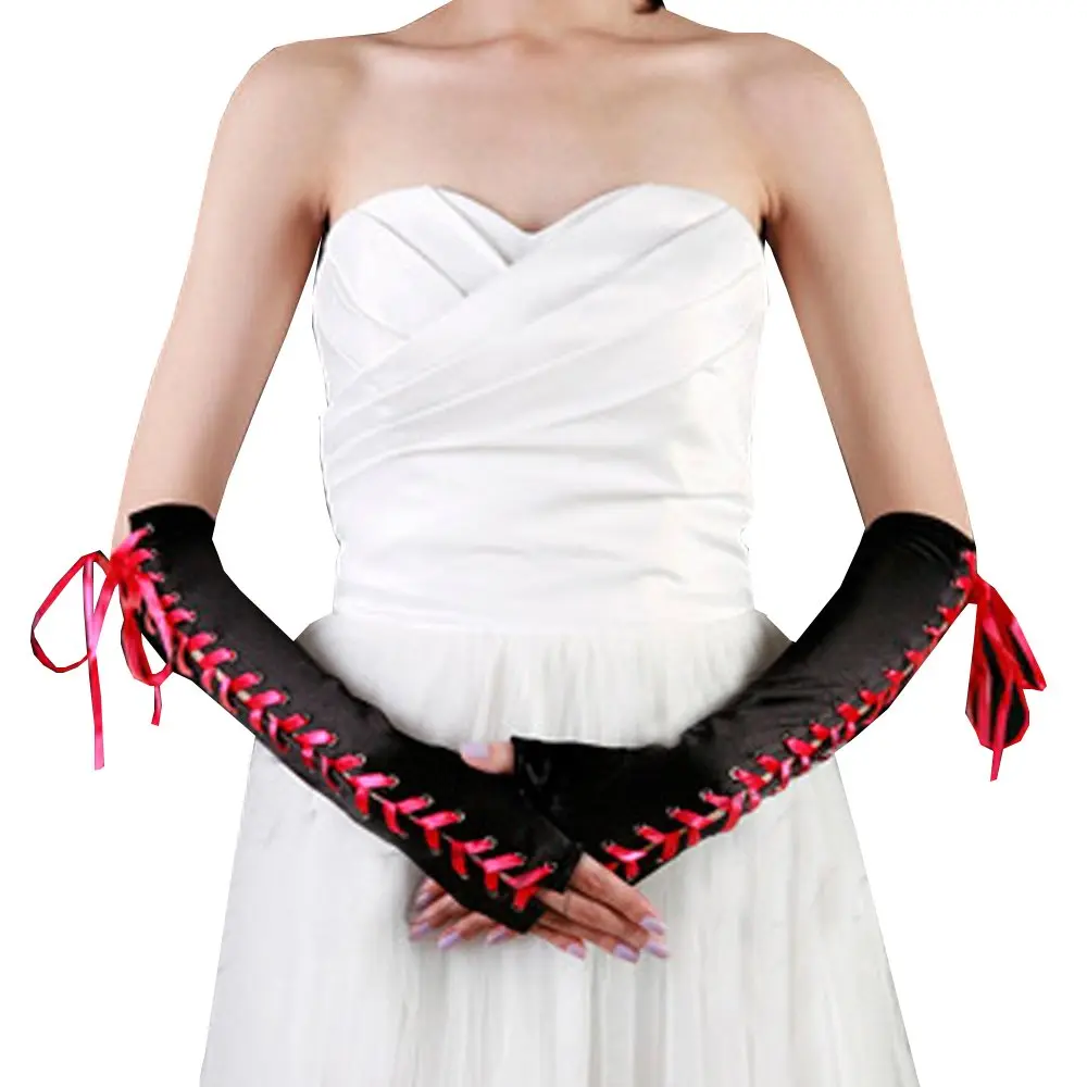 JISEN Womens Full Length Fingerless Lace Up Arm Warmer Satin Gloves Red | Chic Punkie Goth Style - view 3