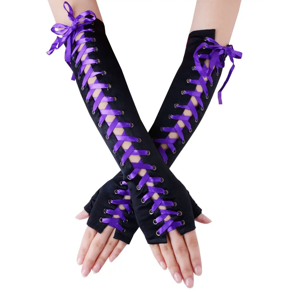 JISEN Womens Full Length Fingerless Lace Up Arm Warmer Satin Gloves Purple | Corset Style Punkie Goth Fashion - main product image