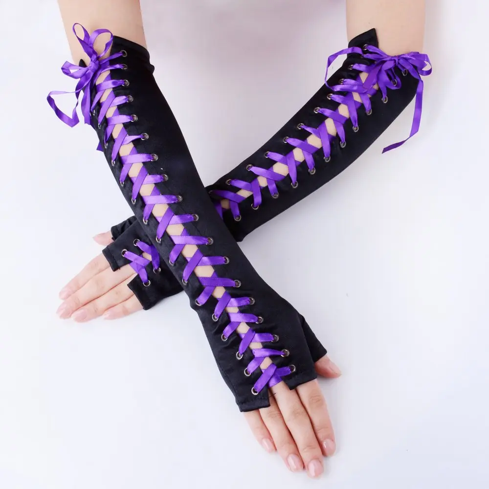 JISEN Womens Full Length Fingerless Lace Up Arm Warmer Satin Gloves Purple | Corset Style Punkie Goth Fashion - view 2