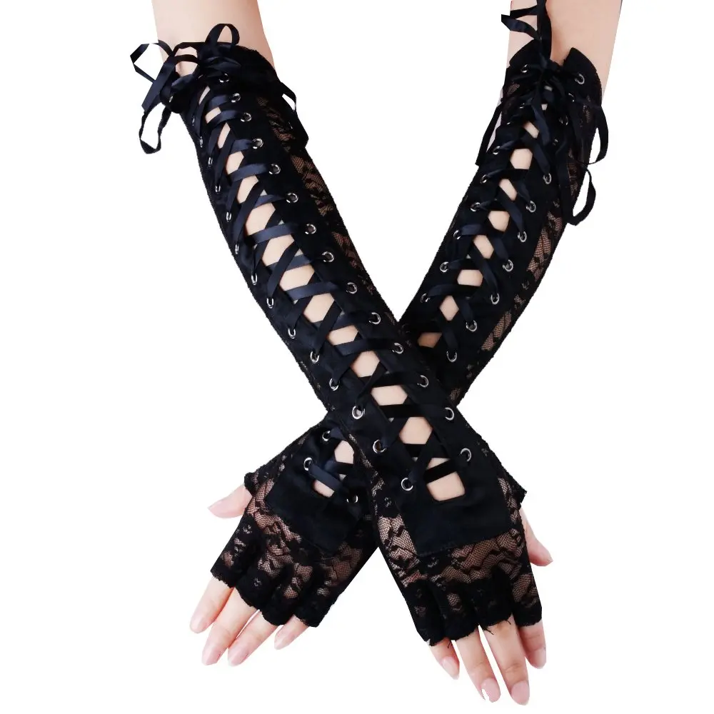 JISEN Women Nylon Elbow Lace-up Fashion Costume Gloves Black 35.56cm (14 inch) | Unique Corset Style Arm Warmers - main product image
