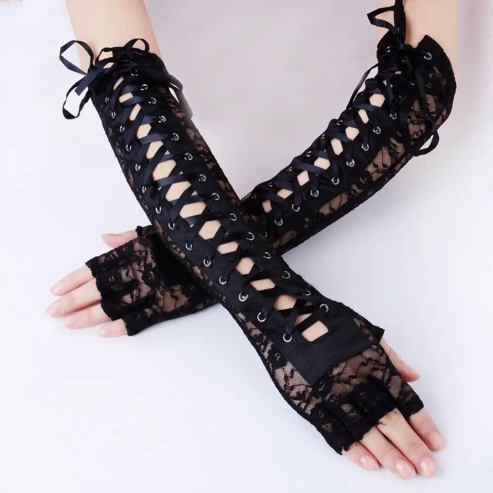 JISEN Women Nylon Elbow Lace-up Fashion Costume Gloves Black 35.56cm (14 inch) | Unique Corset Style Arm Warmers - view 2