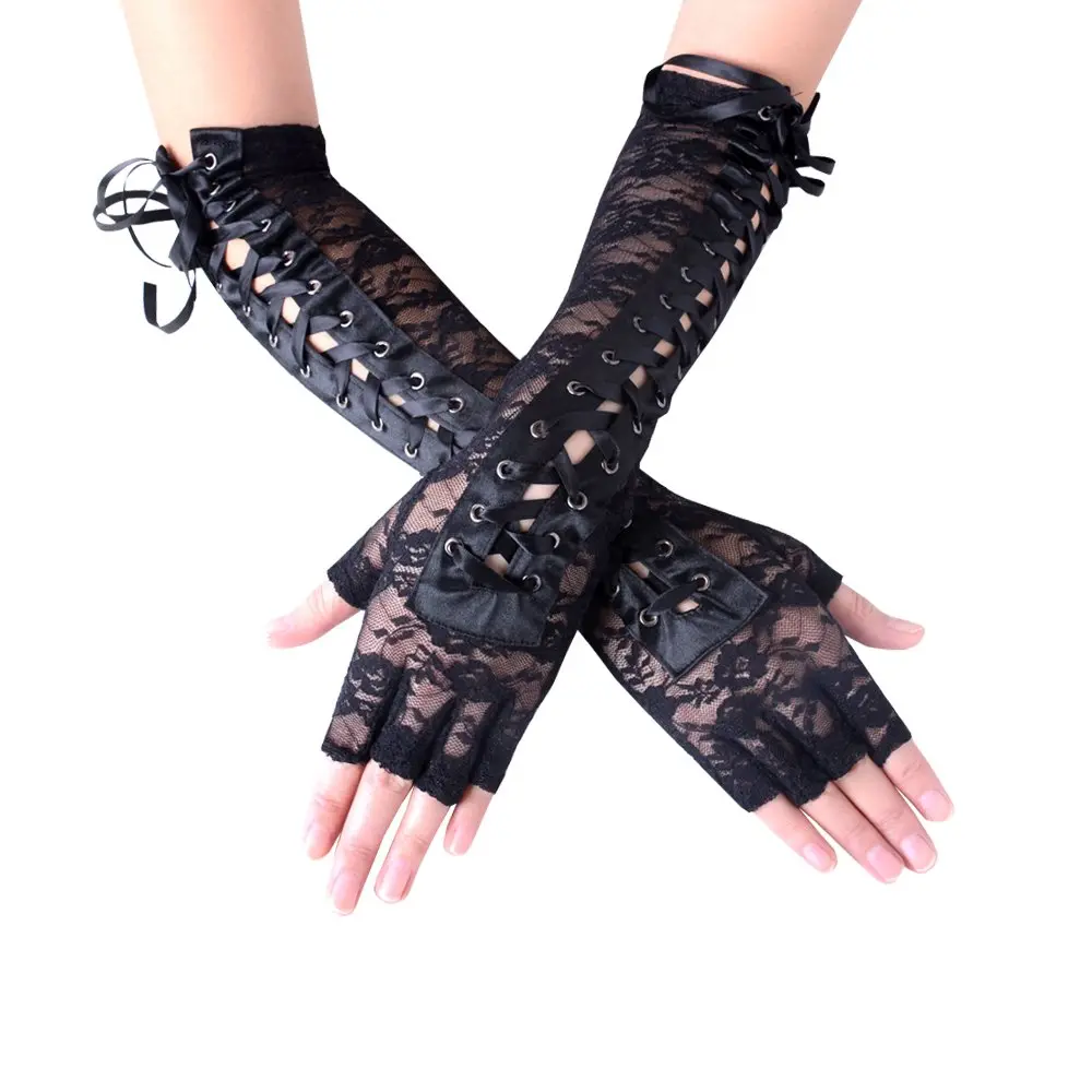 JISEN Women Nylon Elbow Lace-up Fashion Costume Gloves Black 35.56cm (14 inch) | Unique Corset Style Arm Warmers - view 3