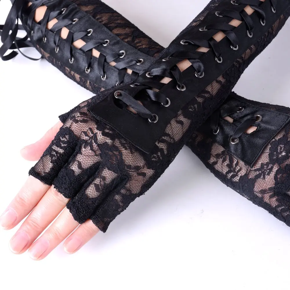JISEN Women Nylon Elbow Lace-up Fashion Costume Gloves Black 35.56cm (14 inch) | Unique Corset Style Arm Warmers - view 4
