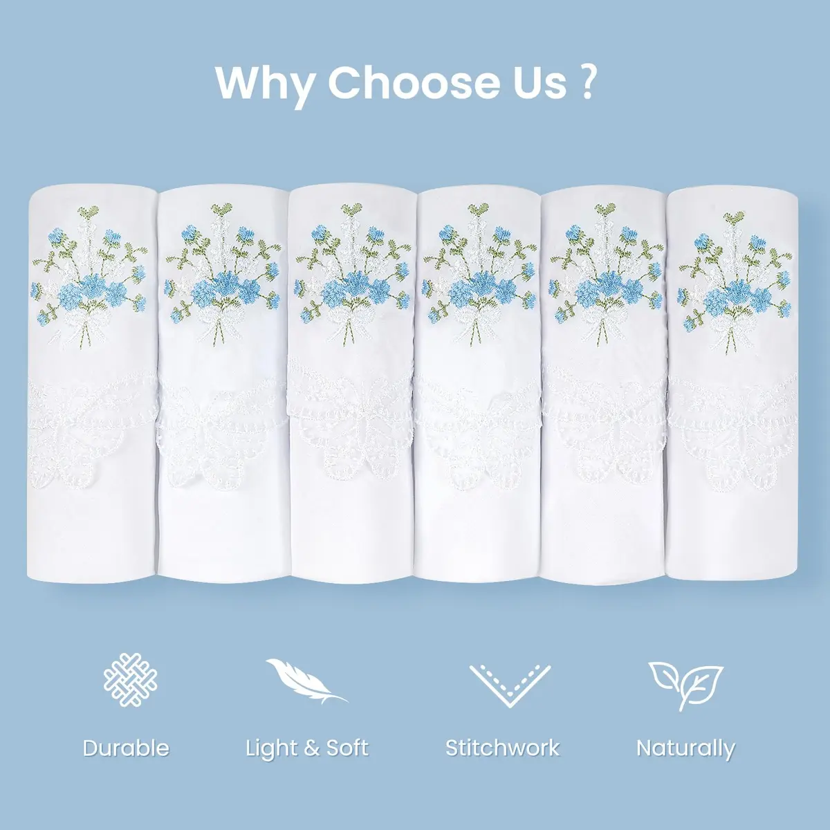 Selected Hanky Women's Cotton Handkerchiefs, Blue Floral | Elegant Floral Design, 11" x 11" - view 5