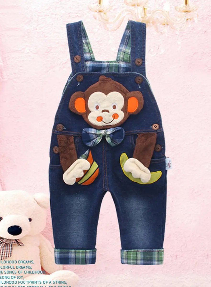 KIDSCOOL SPACE Baby Boy Girl Jean Overalls 2-4 Years | Toddler Denim 3D Monkey Design - view 3